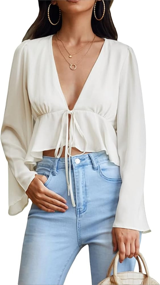 Verdusa Women's Bell Sleeve Tie Front Ruffle Hem Peplum Blouse Shirt Crop Top | Amazon (US)