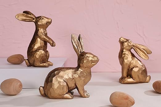 WONDROUS' DECO Resin Dark Gold Easter Bunny Figurines, Small Decorative Easter Bunny Statue Set o... | Amazon (US)
