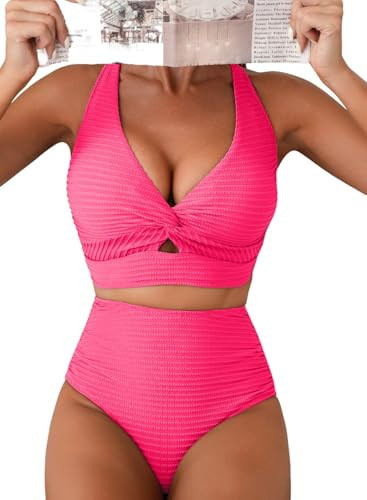 Herseas Womens Bikini Sets Twist Front Top Swimsuits High Waisted Textured Pink Tummy Control Bathing Beach Outfit Medium | Amazon (US)