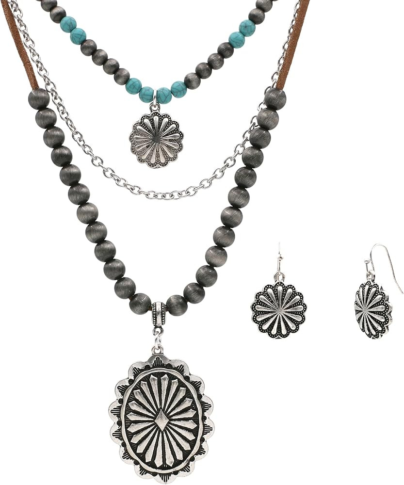 Western Style Concho Pendant Faux Navajo Pearl Turquoise Bead 3-Layer Necklaces and Floral Design... | Amazon (US)