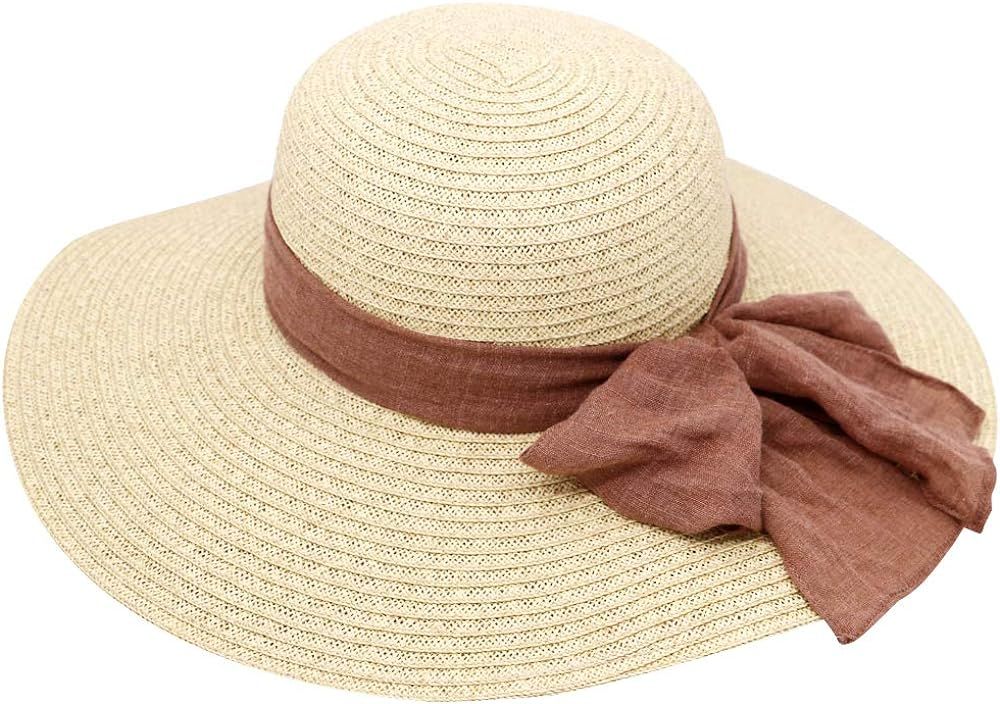 Krono Krown Women's Wide Brim Floppy Summer Beach Sun Hat for Ponytail w/Cute Ribbon Bow - Paper ... | Amazon (US)