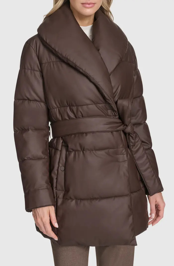Adela Faux Leather Shawl Collar Quilted Wrap Coat | Nordstrom Rack