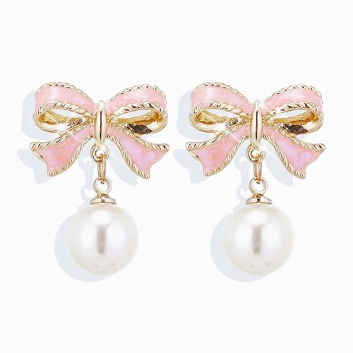 Gold Pearl Bow Earrings For Women Trendy Pink Coquette Drop Stud Ribbon Silver Earrings Dangle Jewelry - Unique Gifts For Wife Preppy Cute Teen Accessories 2025 (pink gold) | Amazon (US)