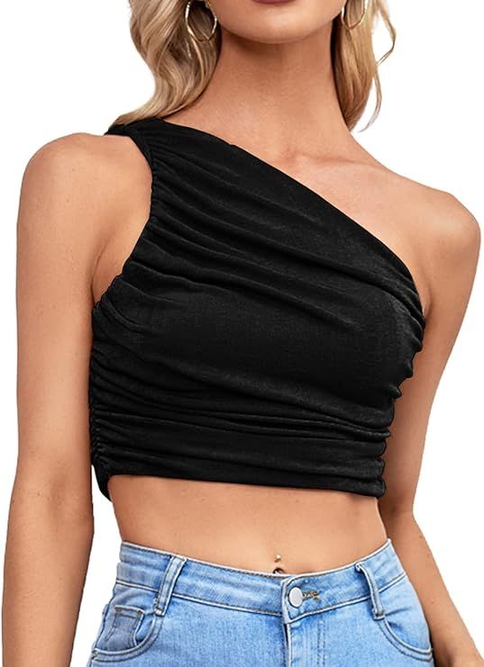 LYANER Women's Sexy Ruched One Shoulder Sleeveless Crop Top Strappy Cami Tank | Amazon (US)