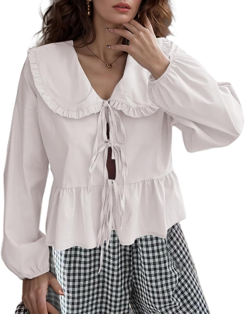 Lunoakvo Women Lapel Doll Collar Blouse Puff Sleeve Pleated Tie Front Peplum Shirts Summer Cute B... | Amazon (US)