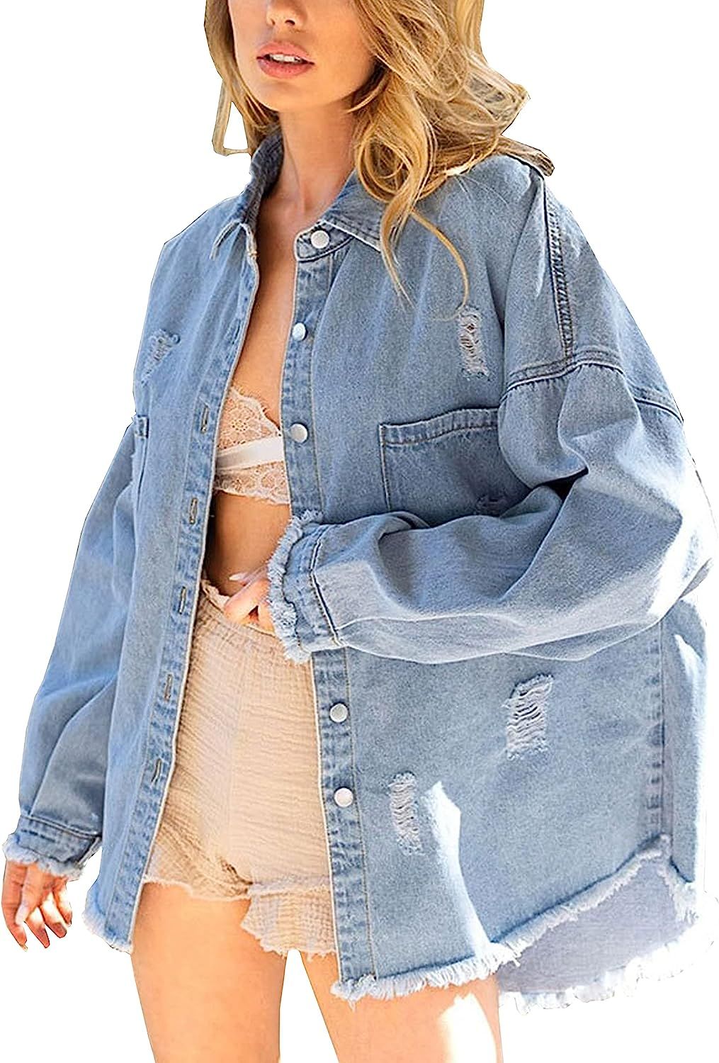 Lumister Womens Causal Oversized Soft Lightweight Distressed Jean Jacket Ripped Fringe Long Sleev... | Amazon (US)