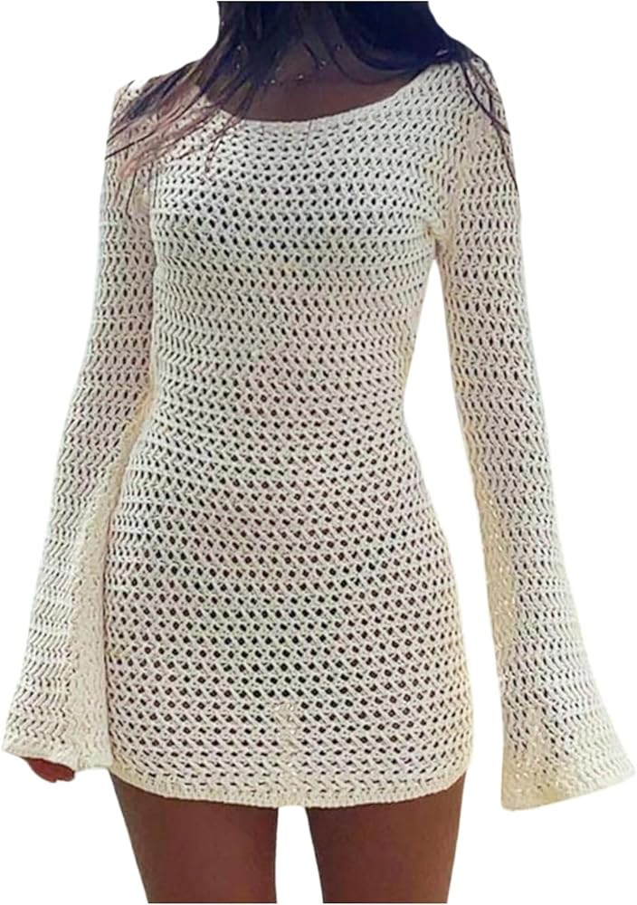 GORGLITTER Women's Crochet Swimsuit Coverup Dress Long Sleeve Cut Out Beach Bikini Bathing Suit C... | Amazon (US)
