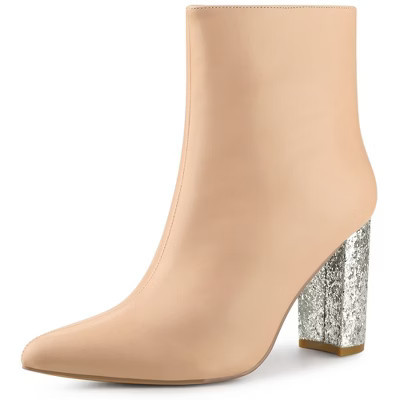 Perphy Women's Fashion Pointy Toe Zipper Sparkly Glitter Chunky Heels Ankle Boots Nude 11 | Target