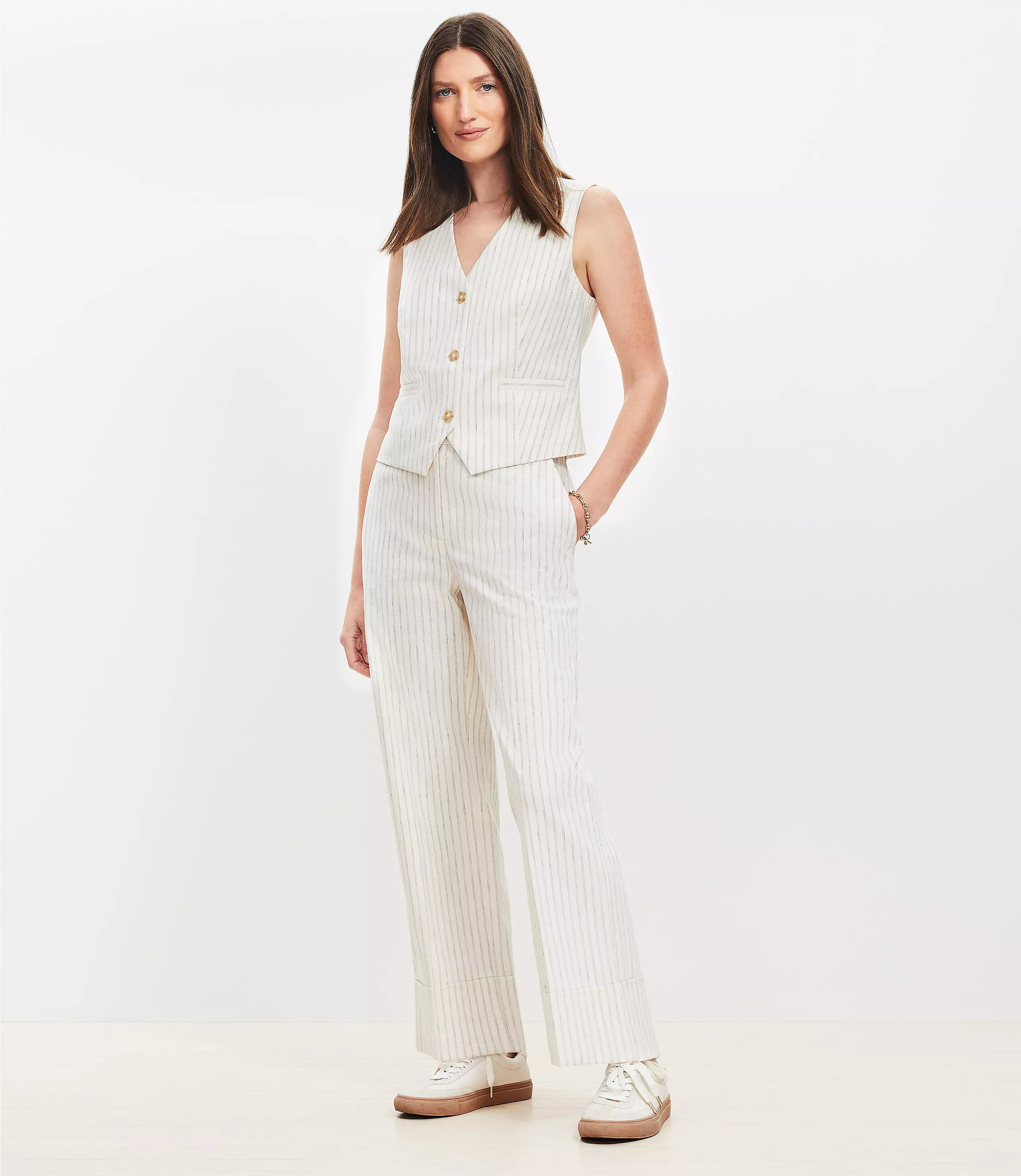 Petite Cuffed Ankle Pants in Striped Cotton Linen | LOFT