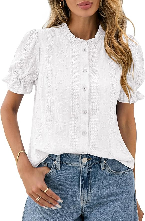 PRETTYGARDEN Womens Puff Short Sleeve Tops 2026 Summer Spring Button Down Boho Embroidered Cute B... | Amazon (US)