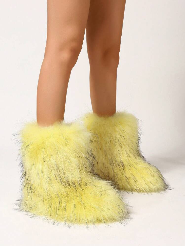 Women's Faux Fur Boot Furry Fluffy Round Toe Suede Winter Comfy Plush Warm Short Outdoor Indoor Flat Shoes Mid-Calf Boots Fashion Boots | SHEIN