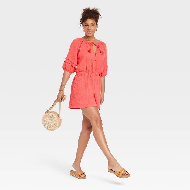 Women&#39;s Short Sleeve Gauze Romper - Knox Rose&#8482; Coral Pink L | Target