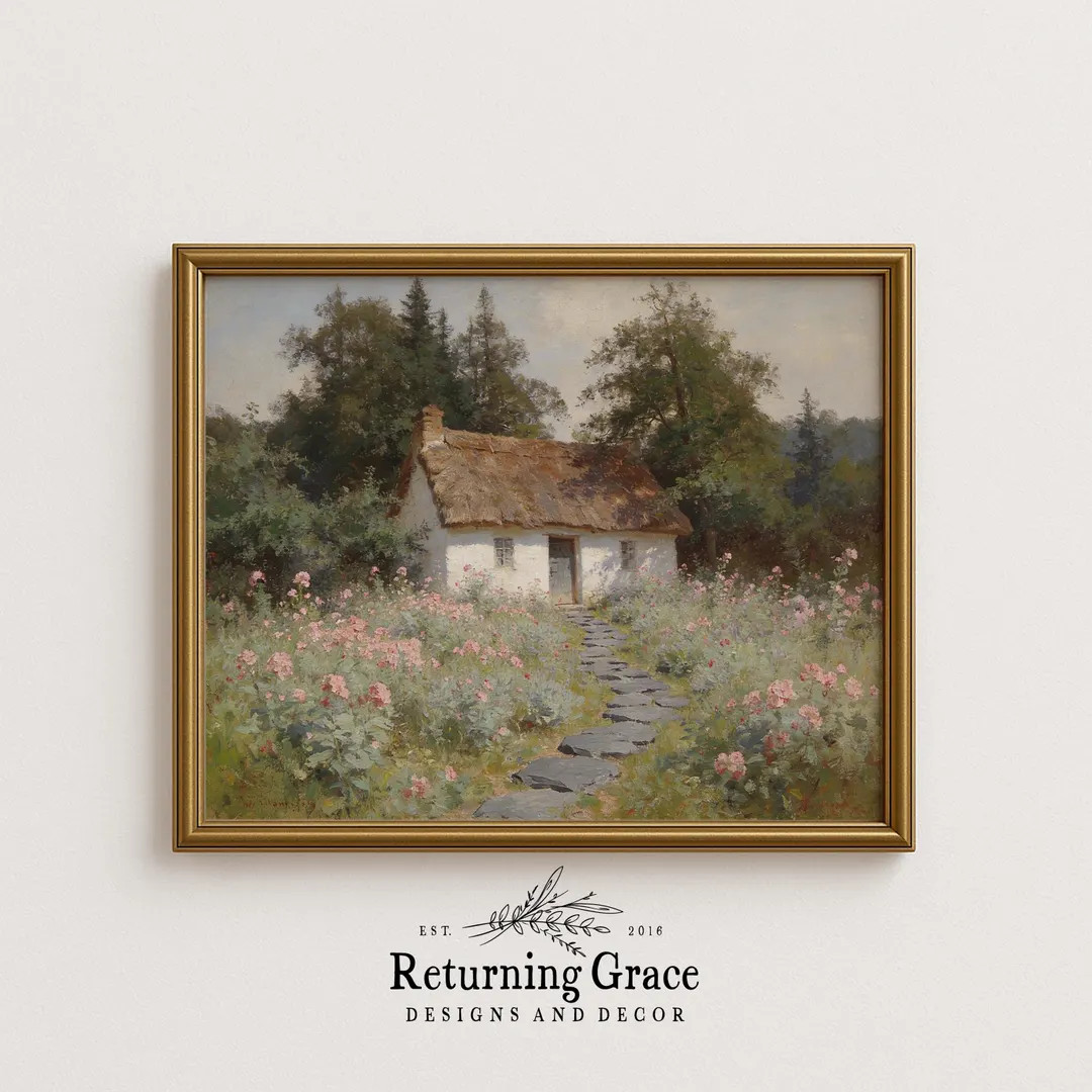 Vintage Style Digital Art, Spring Landscape Art, DIGITAL DOWNLOAD, Cottage With Stepping Stones -... | Etsy (US)