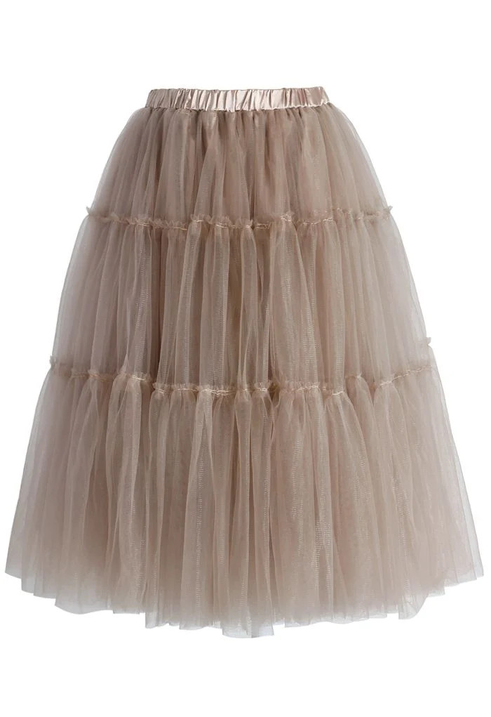 Amore Tulle Midi Skirt in Caramel | Chicwish