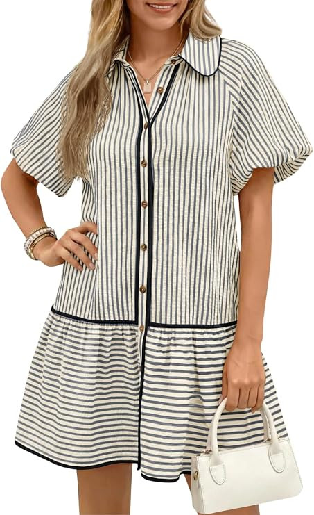 Wenrine Womens Summer Button Down Shirt Dress Casual Striped Puff Short Sleeve Collared Loose Min... | Amazon (US)