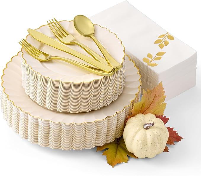 By Madee HEAVYWEIGHT 175 Pc Thanksgiving Plates and Napkins Sets | Ivory Scalloped Plates with Go... | Amazon (US)