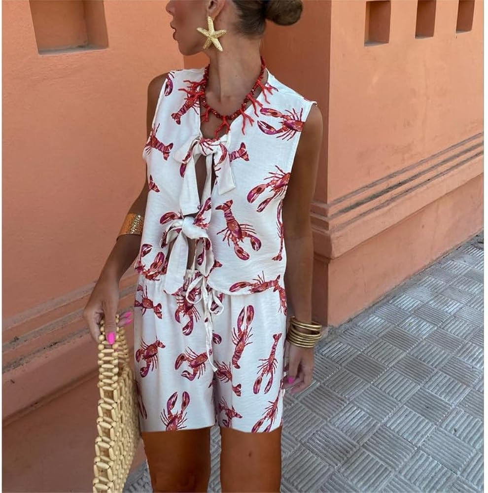 Women Tie Front Set Y2k Sleeveless Lobster Print Vest High Waist Short 2 Piece Pajama Set Going O... | Amazon (US)