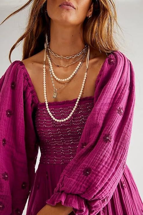 Argeousgor Boho Flowy Maxi Dress for Women Puff Long Sleeve Square Neck Embroidered Swing Tiered ... | Amazon (US)