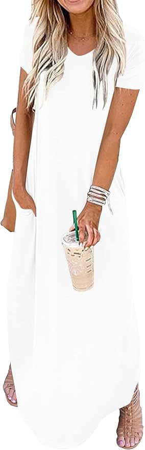 GRECERELLE Women's Casual Loose Pocket Long Dress Short Sleeve Split Maxi Dresses | Amazon (US)