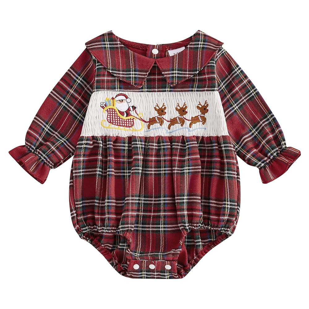 Adobabirl Baby Girl Christmas Outfit Santa Claus Bubble Romper Long Sleeve Embroidery Plaid Jumps... | Amazon (US)