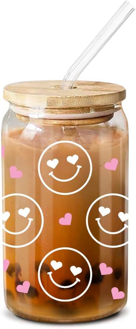 NewEleven Cute Glass Coffee Cups With Lids And Straw – Aesthetic Cups – Iced Coffee Cup, Coff... | Amazon (US)