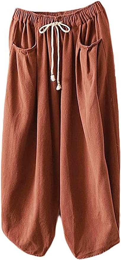 Mordenmiss Women's Baggy Drawstring Pants Wide Leg Pants Casual Elastic Waist Trousers Orange M a... | Amazon (US)