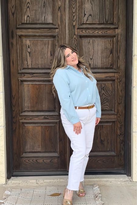 Blue blouse button down, white jeans, summer sandals, spring outfit, teacher outfit 

#LTKstyletip #LTKplussize #LTKmidsize