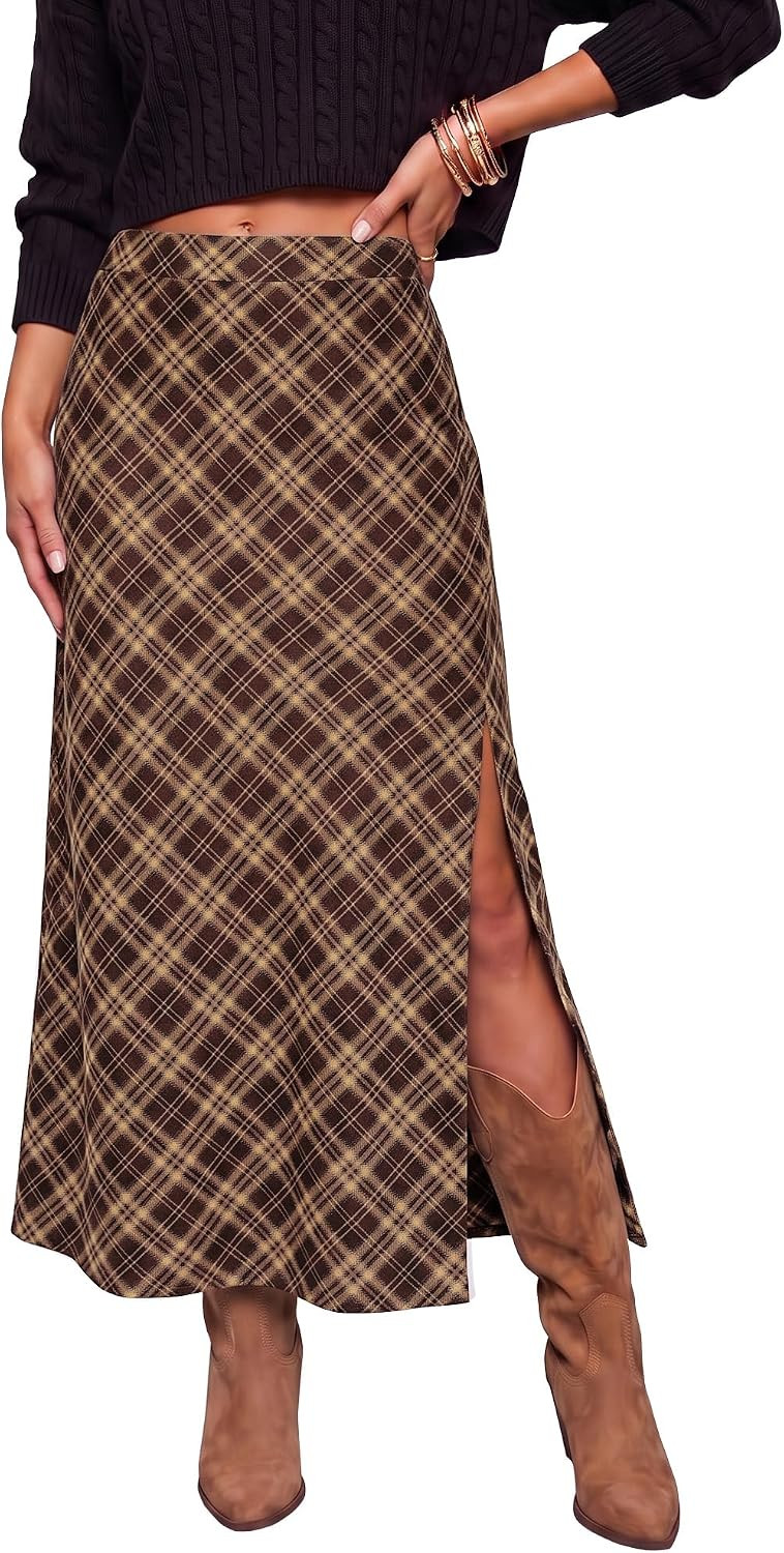 luvamia Plaid Maxi Skirts for Women Trendy A-Line Long Skirt with Side Slit | Amazon (US)