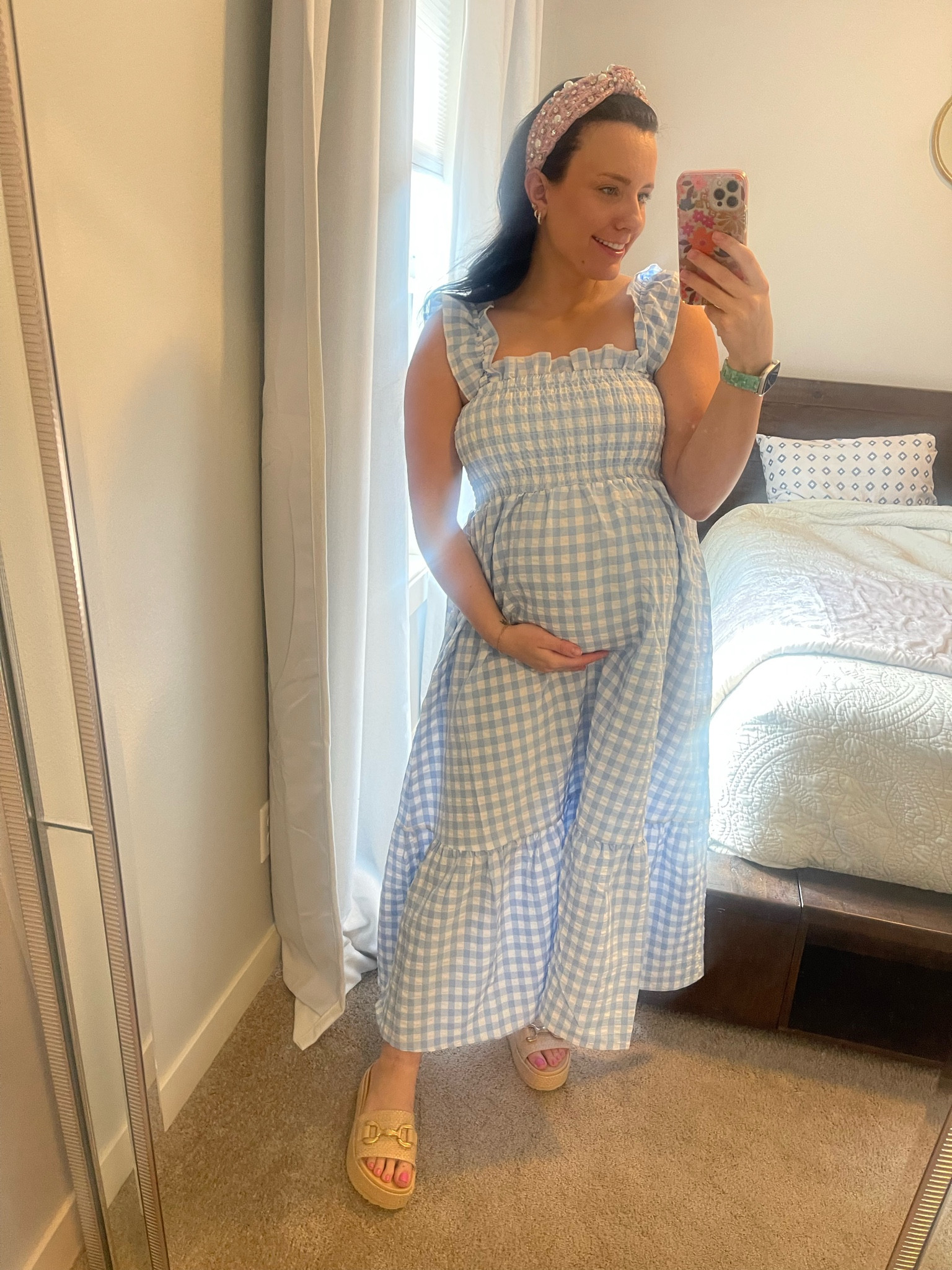 Blue midi gingham dress, rattan platform sandals, rhinestone tweed pink headband! 3rd trimester pregnancy outfit! 

#LTKBump