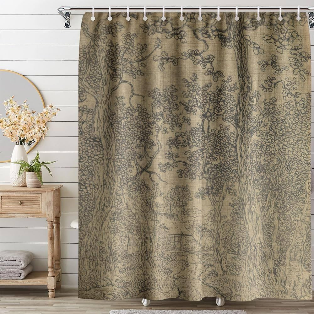 Vintage Sketch Print Antique Landscape Shower Curtain Bathroom Farmhouse Moody Wall Art Woodland ... | Amazon (US)