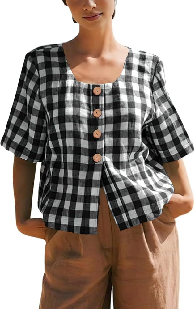 chouyatou Women's Gingham Button Down Shirt Cotton Shirt Plaid Blouses Short Sleeve Summer Tunic ... | Amazon (US)