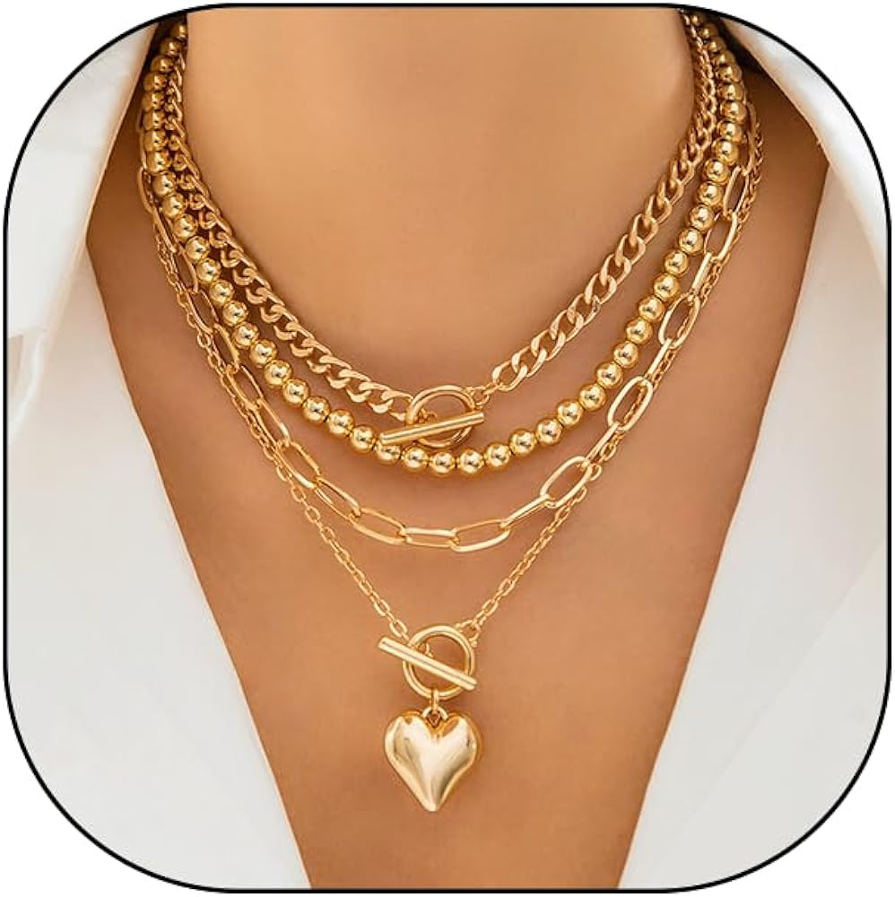 Rrdaily Gold Silver Layered Choker Necklaces for Women Teen Girls, Stackable Buckle Heart Pendant... | Amazon (US)