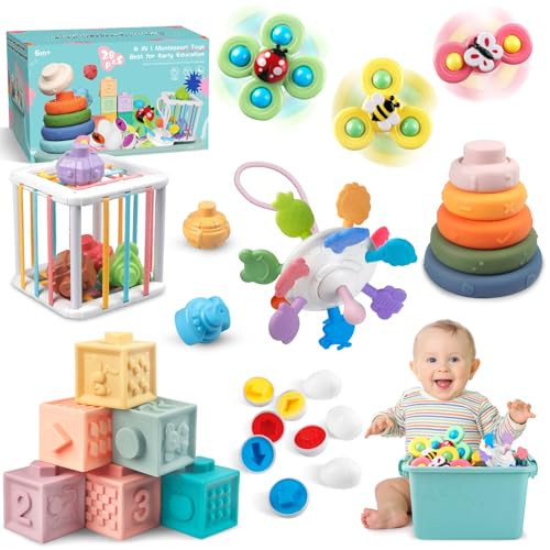 Plunack 6 in 1 Baby Toys 6 to 12 Months, Montessori Toy Infant Teething Babies Toy Stacking Blocks Rings Pull String Toy Sorter Sensory Bin | Amazon (US)
