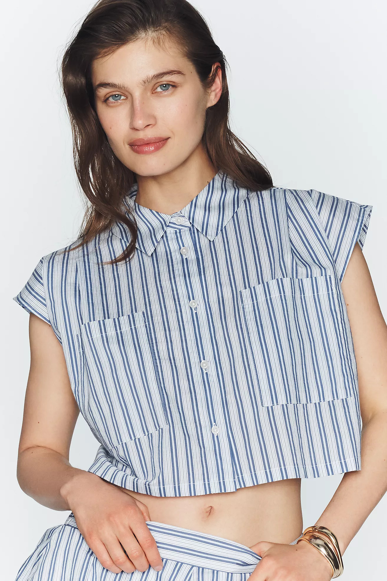 Maeve Cap-Sleeve Crop Buttondown Top | Anthropologie (US)