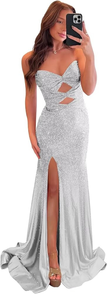 Sparkly Sequin Prom Dresses for Women Long Mermaid Strapless Formal Gown with Slit | Amazon (US)