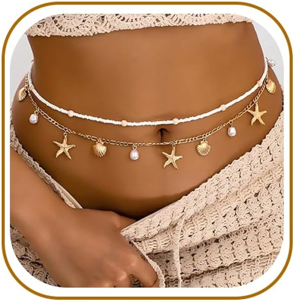 Gold Starfish Waist Chain for Women 2Pcs Adjustable Layered Belly Chain Bohemian Shell Beaded Bik... | Amazon (US)