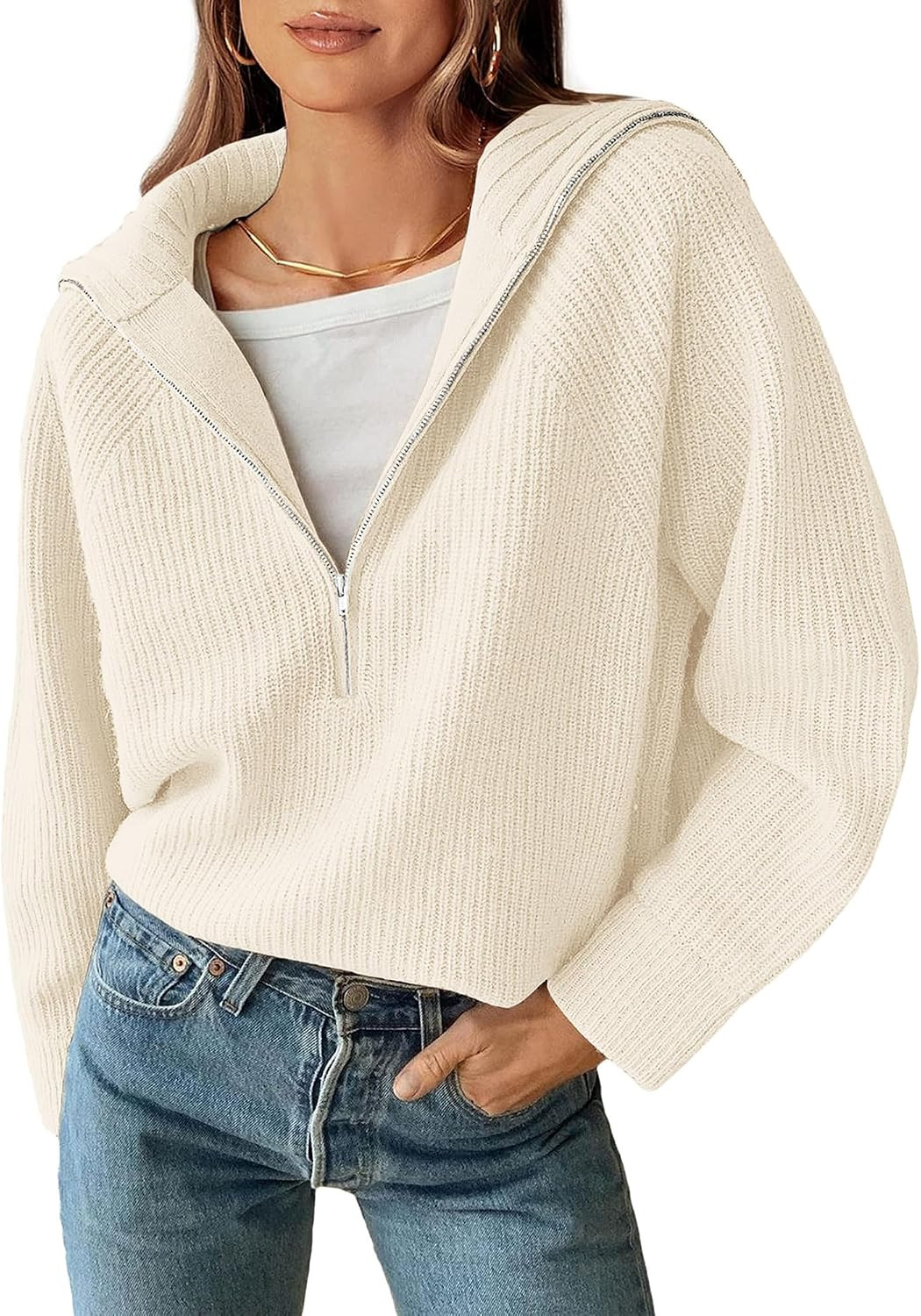 BTFBM Casual Rib Knit V Neck Quarter Zip Womens Sweaters 2026 Fall Fashion | Amazon (US)