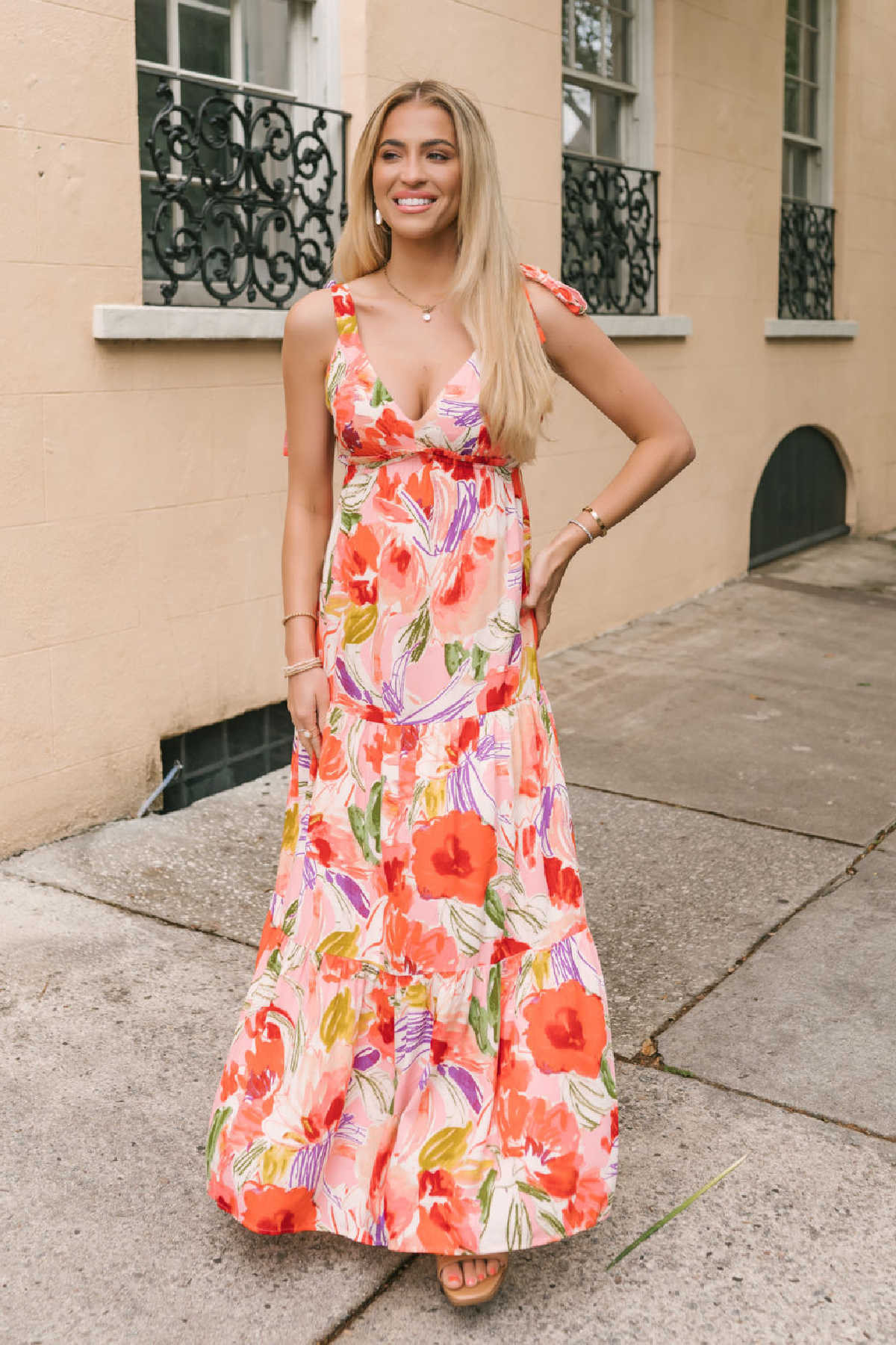 Coral Multi Print Shoulder Tie Maxi Dress | Magnolia Boutique