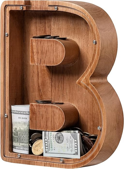Piggy Bank for Kids Boys Girls, Wooden Large Letter Piggy Bank Alphabet Money Bank with Initial B... | Amazon (US)