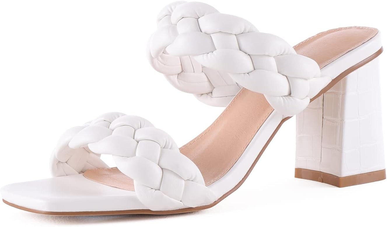 LACUONE Strappy Heels for women Block Heels Square Toe Chunky Ankle Buckle Pump Heeled Sandals | Amazon (US)