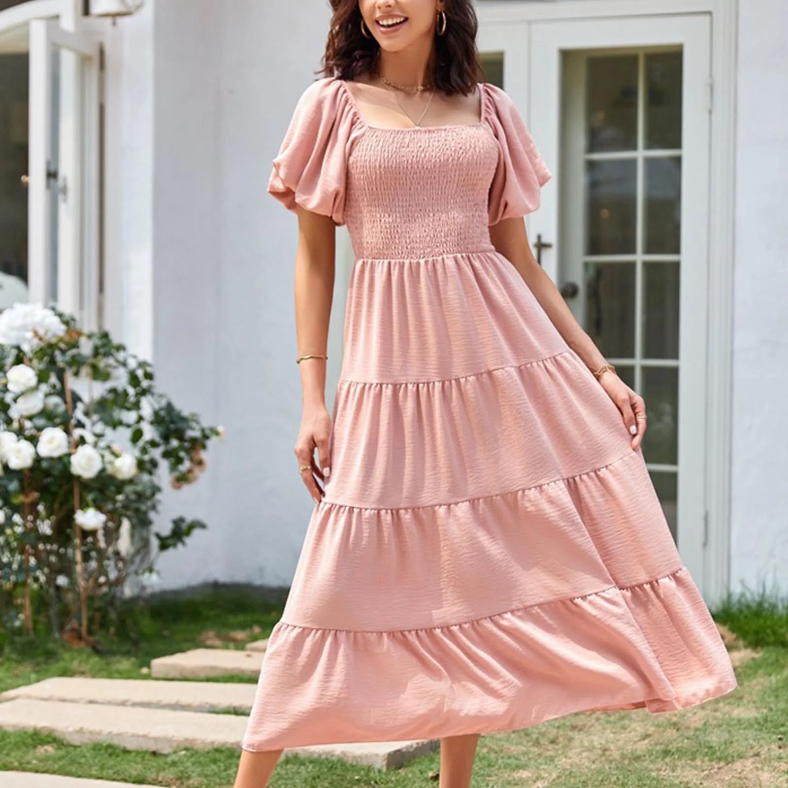 HOMBOM A-Line Dresses Summer Dresses for Women 2023 Short Sleeve Square Neckline Solid Long Pink ... | Walmart (US)