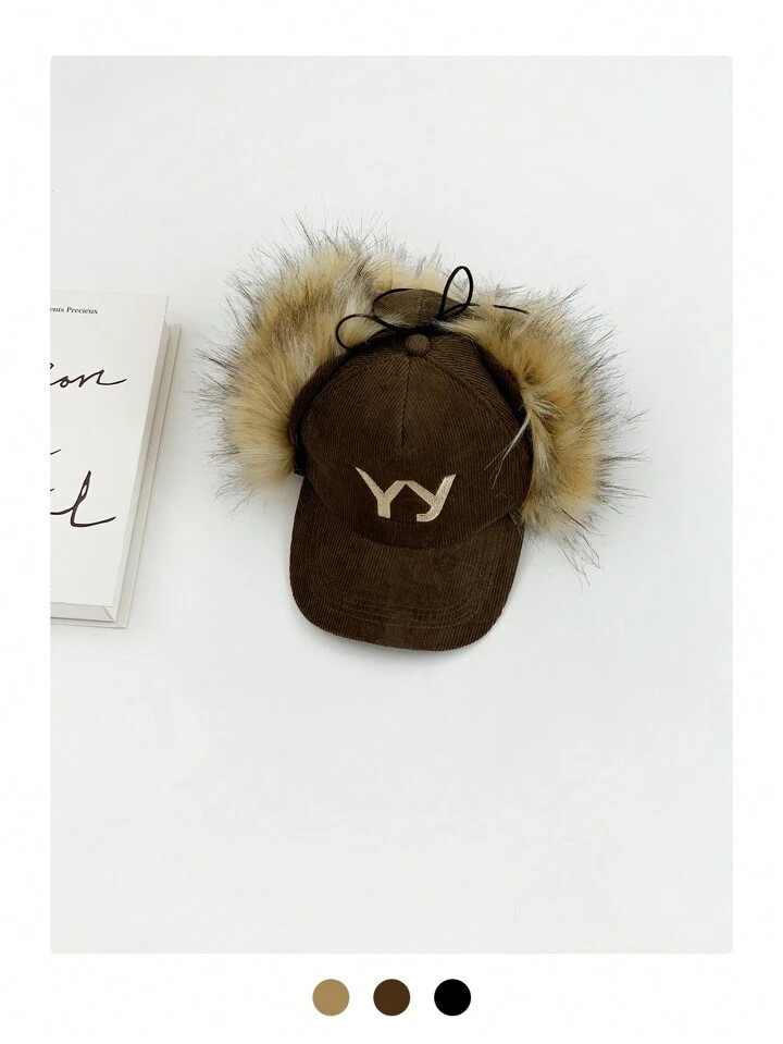 1pc Soft Crown Letter 'Yy' Embroidered Fluffy Visor Hat, Women Warm Earflap Corduroy Baseball Cap... | SHEIN