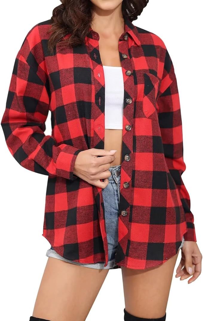 Lacozy Womens Buffalo Plaid Flannel Shirt Long Sleeve Collar Button Down Blouses Tops | Amazon (US)