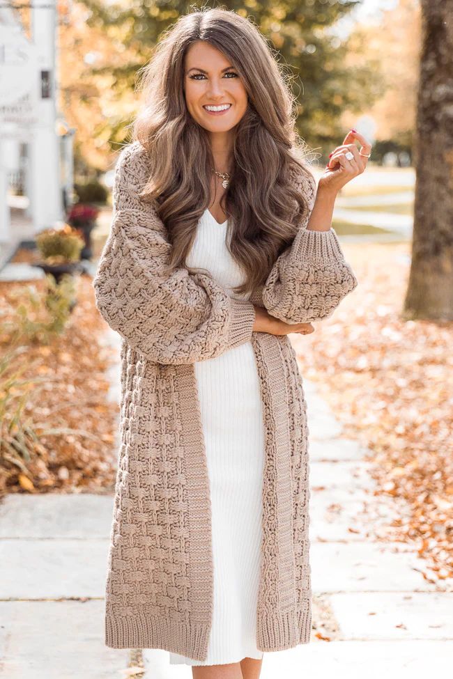 CAITLIN COVINGTON X PINK LILY The Chrissy Fuzzy Taupe Textured Chunky Cardigan | The Pink Lily Boutique
