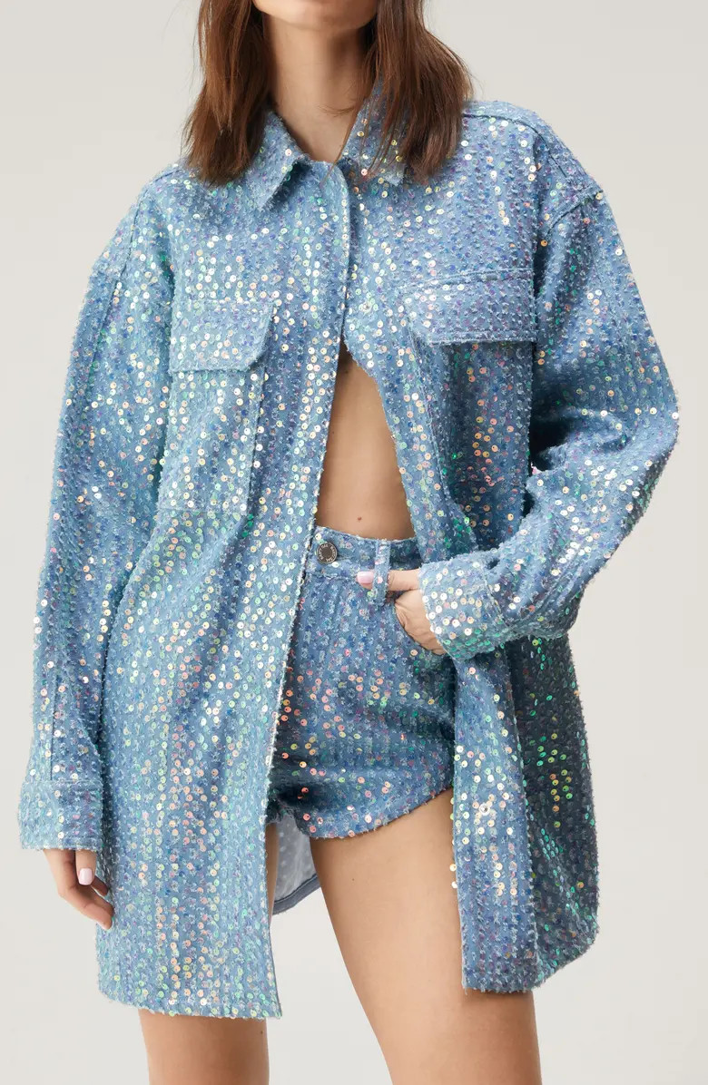 Sequin Denim Oversize Snap-Up Shirt | Nordstrom