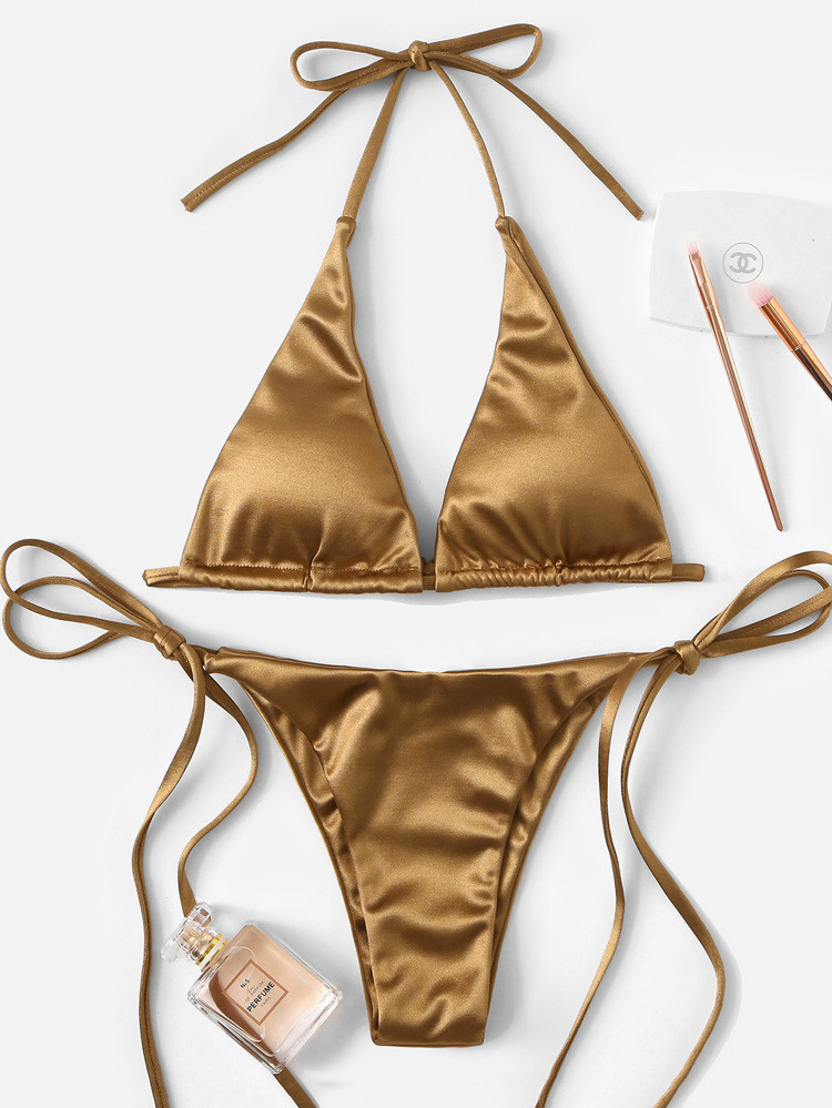 Metallic Halter Tie Side Bikini Swimsuit | SHEIN