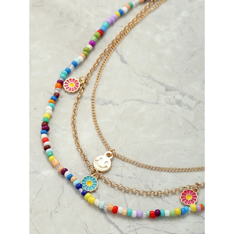Wonder Nation Girl's Necklace Set, Gold tone and Multicolored Bead Necklaces with Smiley Face Pen... | Walmart (US)