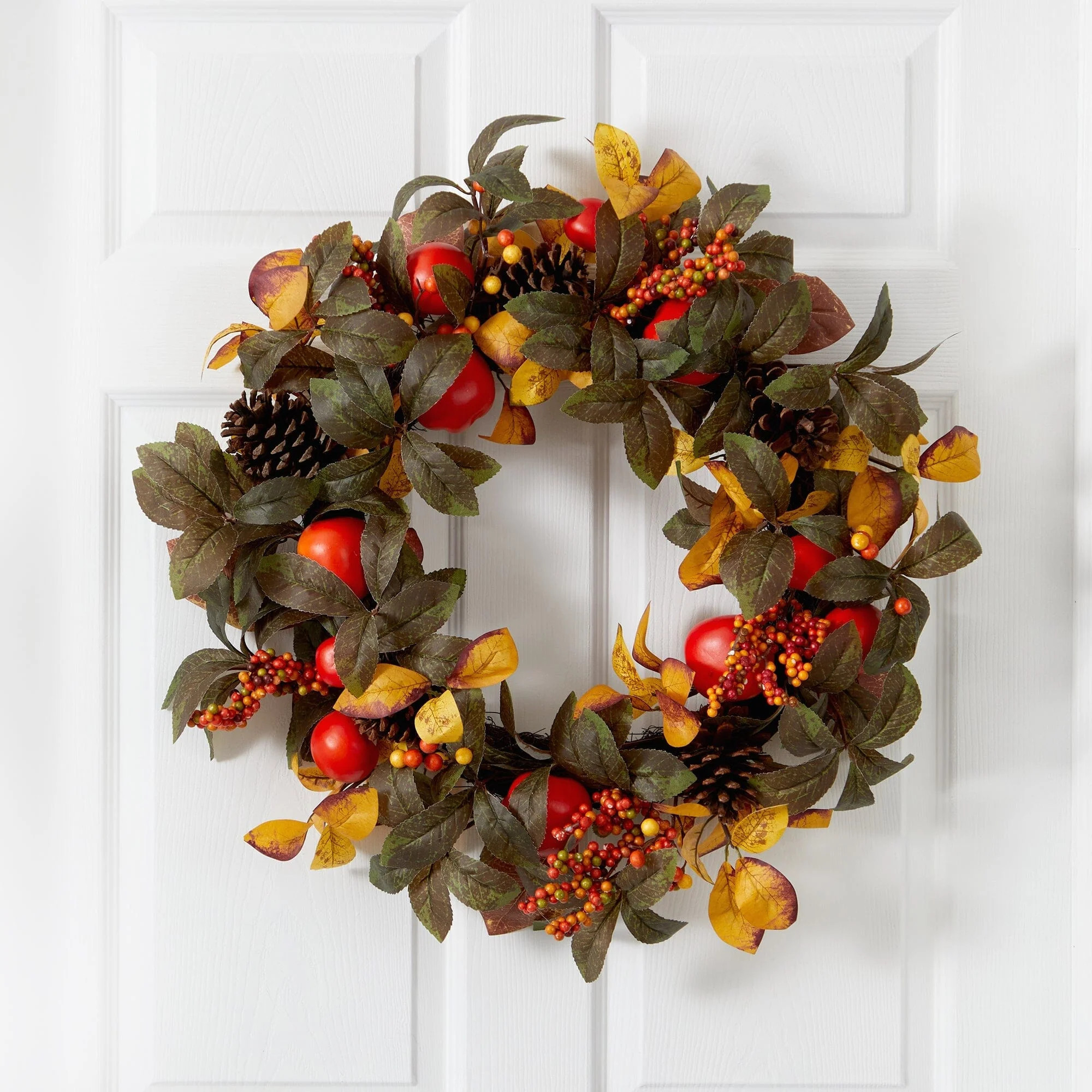 26” Autumn Persimmon and Pinecones Artificial Fall Wreath | Plow & Hearth