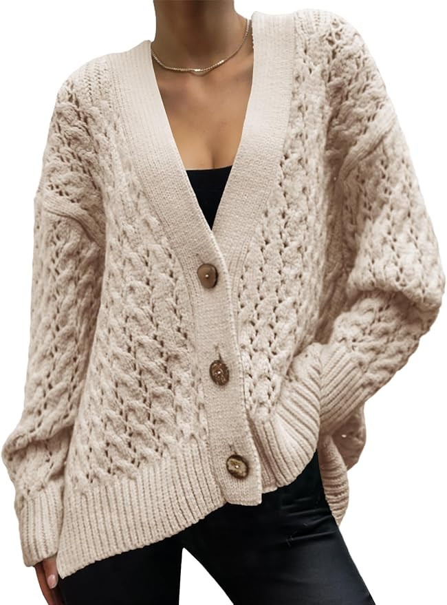 Langwyqu Womens Oversized Open Front Cardigan Sweaters Long Sleeve Cable Knit Button V Neck Loose... | Amazon (US)
