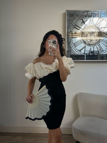 H&M black and white dress, ruffle dress, off the shoulder dress, evening outfit, black and white outfit, summer fan, summer accessories 

#LTKuk #LTKspring #LTKstyletip